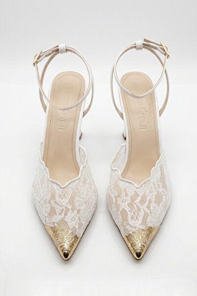 Papuckurdu White Mesh Ankle Strap Metal Gold Pointed Toe Women's Heeled Eveni...