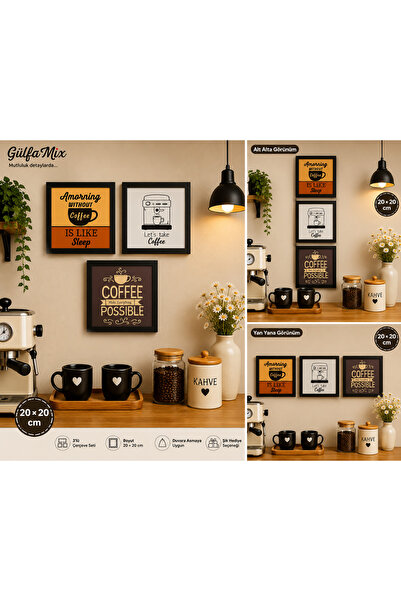Gülfa Giftbox Coffee Bar Mutfak Dekor Tablo Seti | Çay & Kahve Köşesi Ahşap Ç...