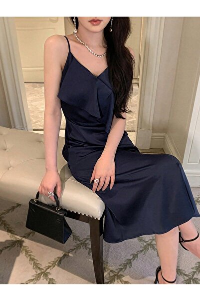 NO BRAND Rochie midi din satin bleumarin, cu bretele impecabile, simplă, uni,...