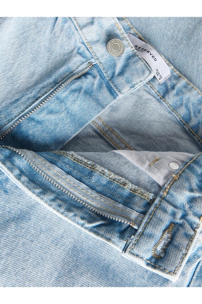NO BRAND Blugi albaștri cu buzunare, design franjurat, model slim mom 34