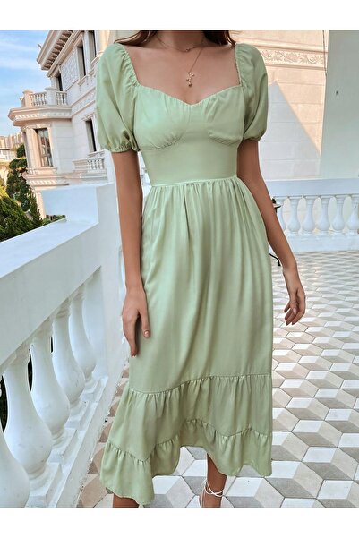 NO BRAND Rochie midi verde clasică simplă cu mânecă scurtă și volane Shein S