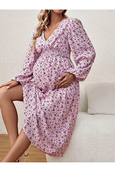 NO BRAND Rochie de maternitate midi roz, cu mânecă lungă, imprimeu floral, de...
