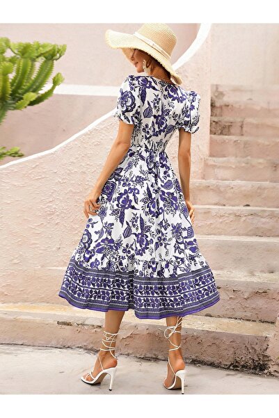 NO BRAND Gomorn 38 Rochie Midi Evazată Albă Mov cu Flori, Stil Boho, Voluminoasă