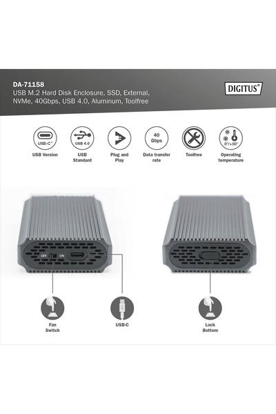 Digitus Carcasă USB 4.0 Tip C pentru SSD M.2 NVMe, 40Gbps, din aluminiu, pent...