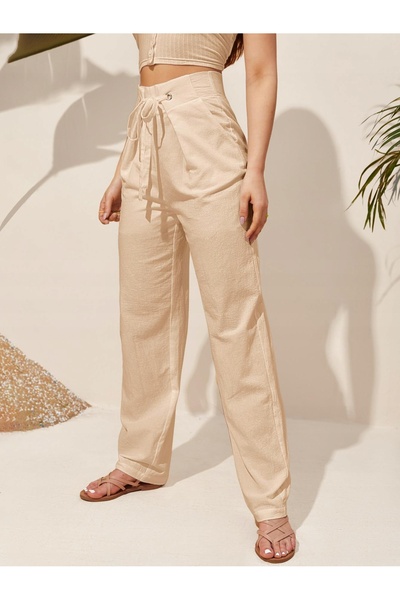 NO BRAND Pantaloni drepți din bumbac, bej, clasici, cu talie înaltă, ușori, S...