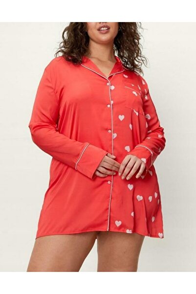 NO BRAND Cămașă de noapte roșie, guler, mâneci lungi, mini inimioare, Gal 48