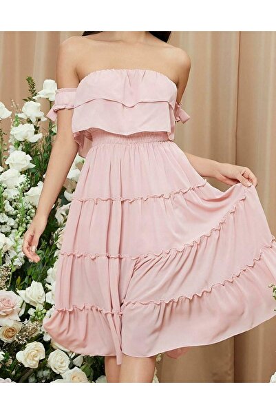NO BRAND Rochie midi roz stratificată, modă spaniolă, elegantă de cocktail, S...