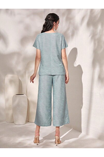 NO BRAND Set albastru ciel, tricou elegant cu mâneci largi, pantaloni cu mâne...