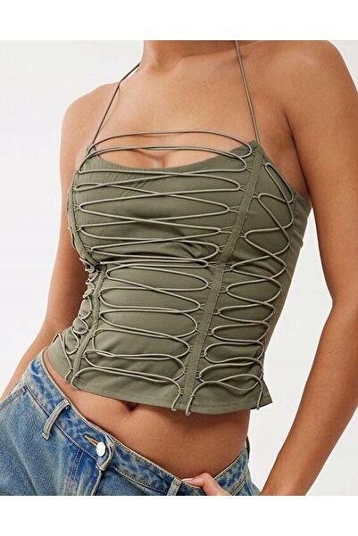 NO BRAND Top corset scurt verde, cu șireturi, mulat, cu fermoar, Prettylittle...