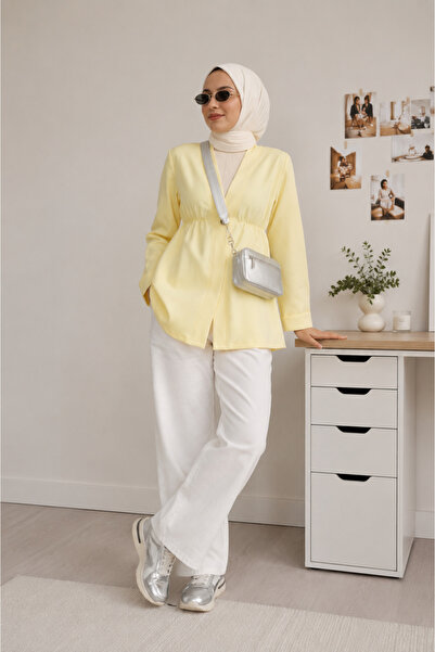 ShopFast Beli Lastikli Kolu Katlamalı Tek Düğmeli Krep Kimono
