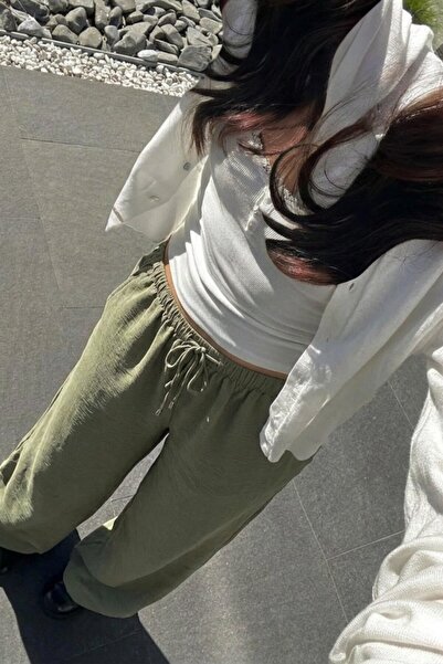 DAMGA JEANS Γυναικείο καλοκαιρινό πράσινο λινό παντελόνι