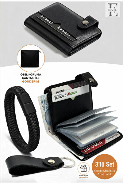 EVVELİ Men's Wallet Card Holder Set |   Black Magnetic Buckle Leather Bracele...