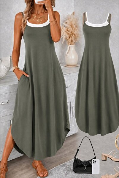 Wear Up فستان نسائي طويل من الفيسكوز بحزام من الخيط وياقة دائرية وجيوب