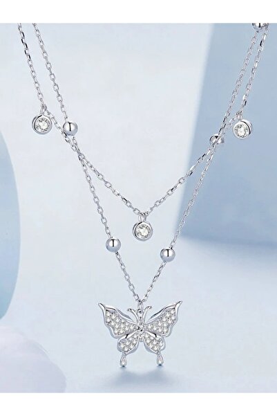NO BRAND Colier Fluture Argintiu cu Zirconiu