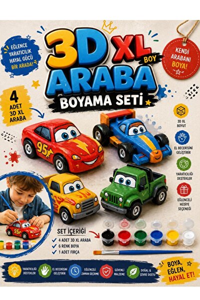 PAMEPAW 4 Adet (3D) XL Boy Araba Taş Boyama Figür Çocuk Gelişimi Boyama Etkinlik Seti Zoo Painting