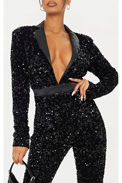 NO BRAND Salopetă lungă din catifea neagră cu paiete Glamour Prettylittlethin...