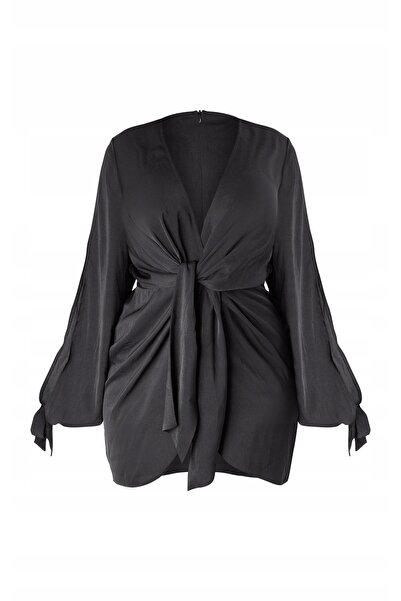 NO BRAND Rochie mini clasică din satin negru cu legătură Prettylittlething 44