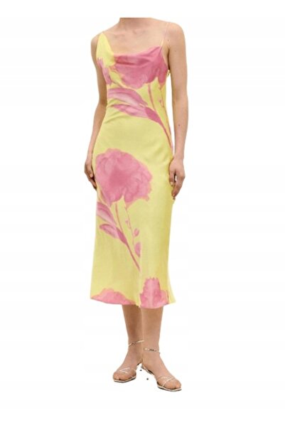 NO BRAND Rochie galbenă din satin, simplă, cu decolteu adânc, imprimeu floral...