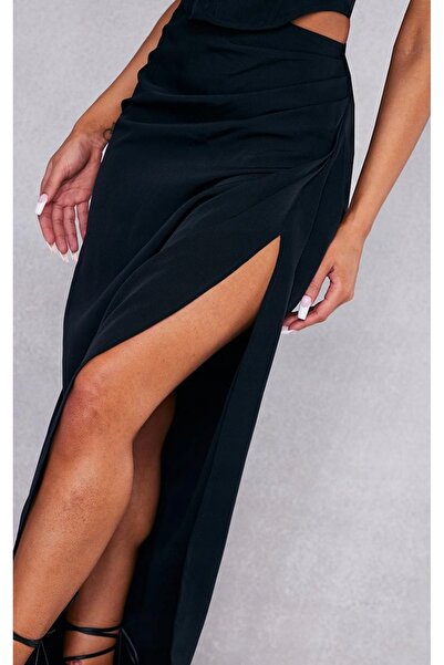 NO BRAND Fustă Maxi Neagră Clasic Simplă, Încrețită, Prettylittlething, Mărim...