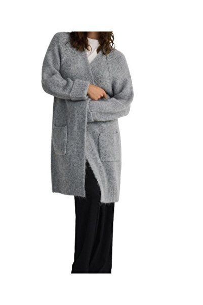 NO BRAND Cardigan gri lung, clasic, simplu, uni, cu buzunare, mărimea S