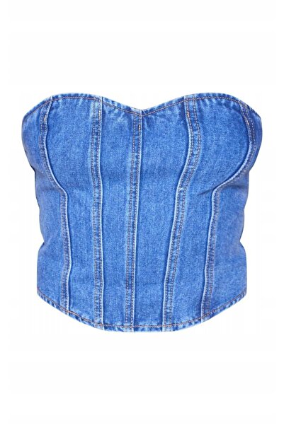 NO BRAND Top corset albastru ciel, din denim încrucișat, clasic, Prettylittle...