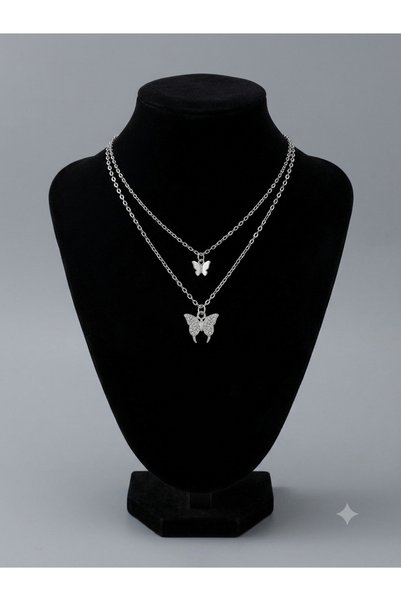 ZEYKU ACCESSORİES Silver Color Steel Zircon Stone Butterfly Figured Double Women's Necklace - Tarnish Resistant Steel Jewelry