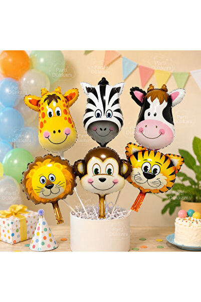 Safari Hayvan Folyo Balon Seti 6'lı 14 İnç | Aslan, Zürafa, Zebra, Maymun, Kaplan ve İnek Figürlü Folyo Balon | Safari Doğum Günü Parti Süsü