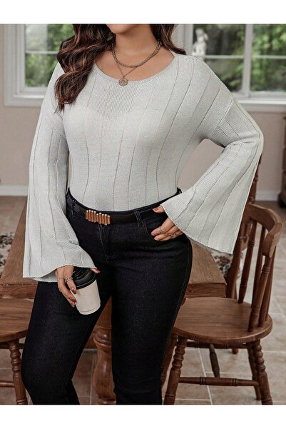 NO BRAND Pulover tricotat gri cu mâneci largi, clasic, Shein 48