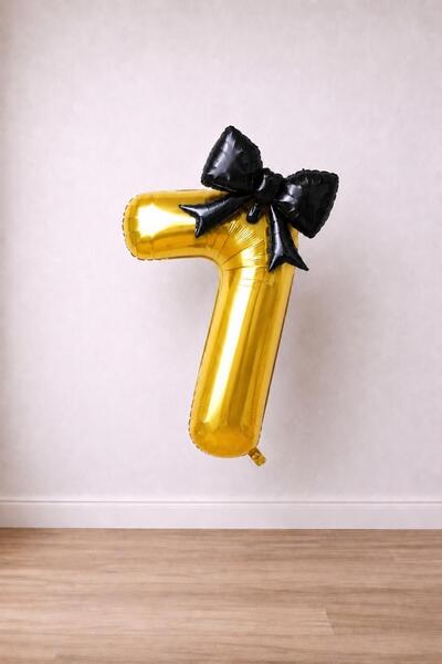 Patladı Gitti Black Bow & Gold 7 Number Foil Balloon Set
