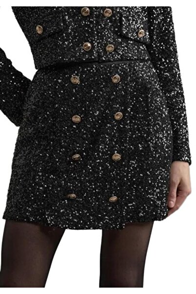 NO BRAND Fustă mini neagră cu talie înaltă, cu design cu paiete, Karen Millen 44