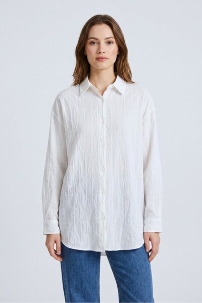 Saade White Striped Off-Shoulder Textured Oversized Shirt