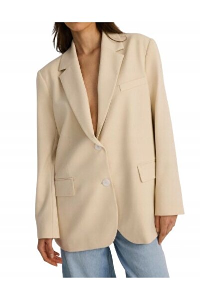 NO BRAND Blazer clasic crem, oversize, la un rând de nasturi, din viscoză, XS/S