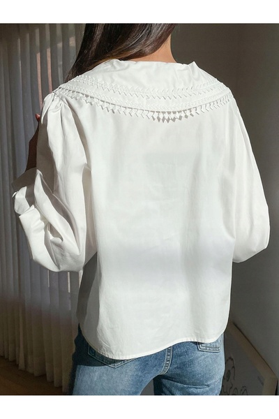 NO BRAND Bluză albă elegantă cu mânecă lungă, guler, broderie și șnur Shein 38