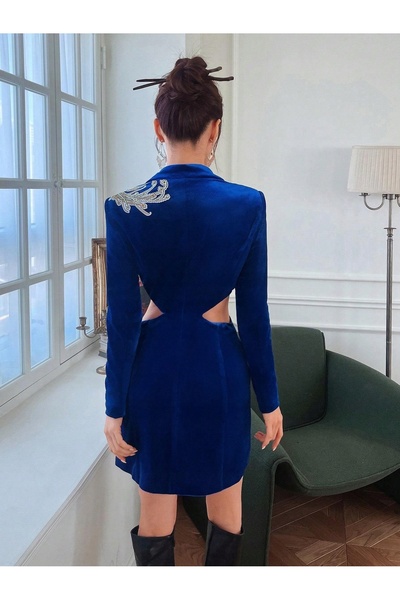 NO BRAND Rochie mulată din catifea albastru marin cu decupaje, Shein 40/42