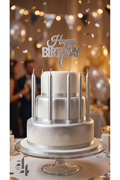 Öz-bal 5'li Gümüş Metalik Uzun Doğum Günü Mumu Ve Pleksi Happy Birthday Pasta...