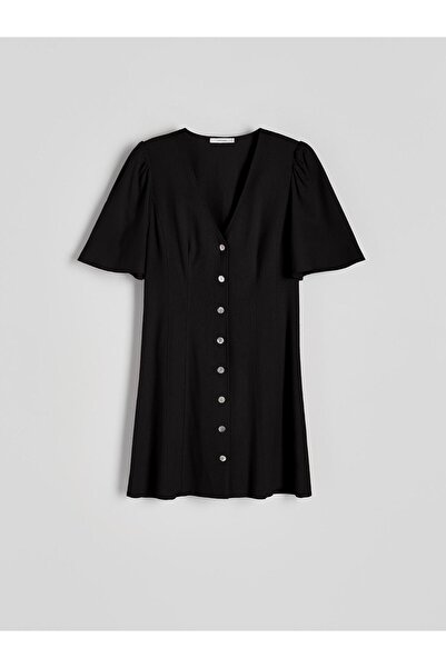 NO BRAND Rochie neagră cu nasturi, mini, cu mânecă scurtă, Lnu suplimentar re...