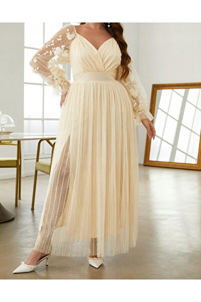 NO BRAND Rochie cocktail maxi galbenă cu mânecă lungă și broderie din plasă S...