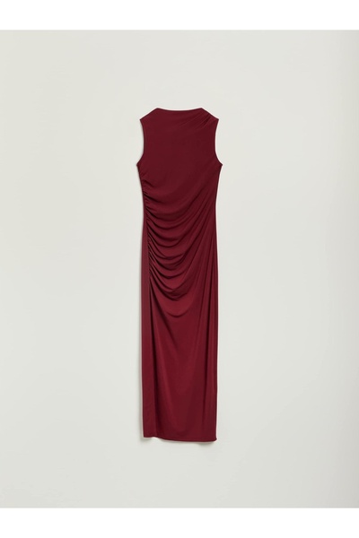 NO BRAND Rochie bordo midaxi, drapată, tip creion, fără mâneci, mărimea S.