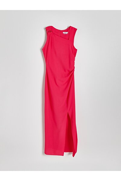 NO BRAND Rochie simplă roz, decolteu asimetric, cu șliț, clasică, uni, L