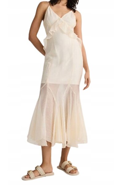 NO BRAND Rochie vaporoasă cremoasă Midxi cu volane pe bretele, mărimea XL.