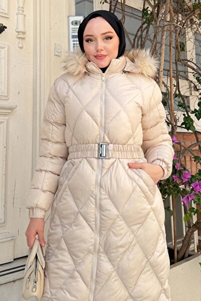 Modamihram Loren Belted Hooded Quilted Coat Beige 6159