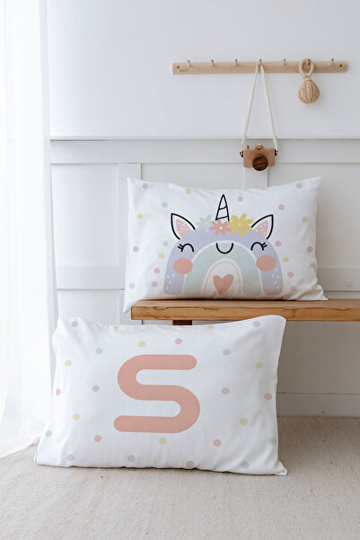 Tuğba Kuğu Față de pernă din 2 bucăți (50x70) Unicorn somon - Seria Litere - ...