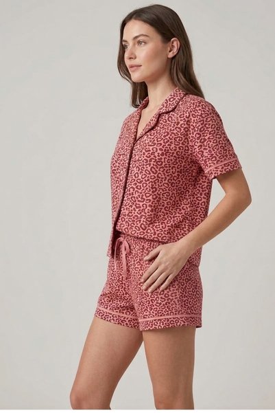 İPEKTENİM Pink Leopard Patterned Color-Blocked Buttoned Shirt Shorts Pajama Set
