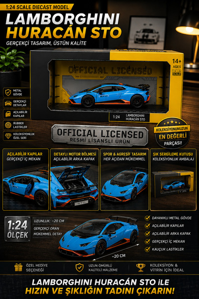 Cici Oyuncak 1:24 Lamborghini Huracan STO Diecast Model Araba Metal Gövde Açı...