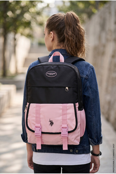 U.S. Polo Assn. حقيبة ظهر مدرسية سوداء للجنسين، حقيبة سفر يومية PLCAN26082