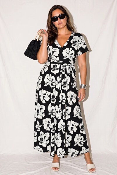 Shape Of You Büyük Beden Kruvaze Yaka Desenli Rahat Kesim Maxi Elbise