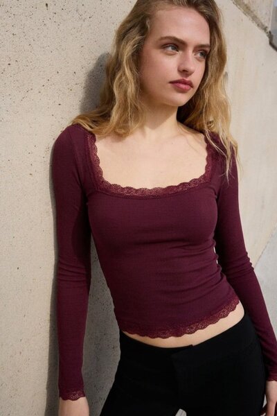 DAMGA JEANS Women's Casual Burgundy Lace Long Sleeve Blouse