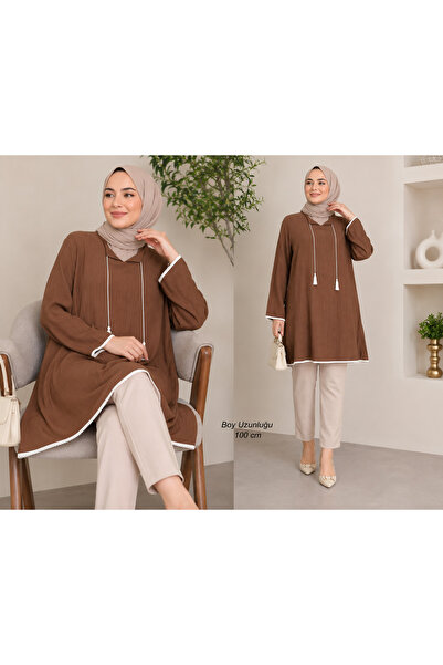 cantürk Kahverengi Krinkıl Tesettür Tunik 100 cm – Püskül Bağcıklı, Dantel De...