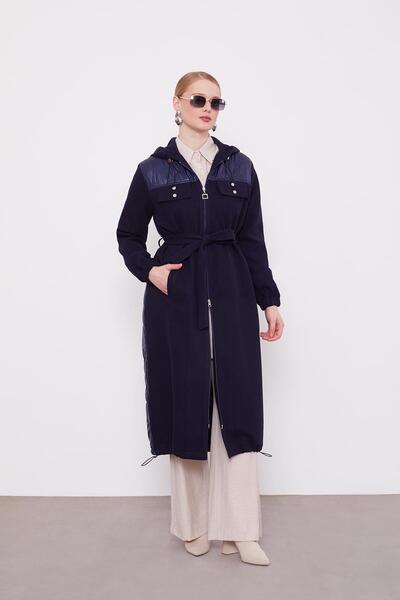 Levidor Navy Blue Belted Hooded Cashmere Coat