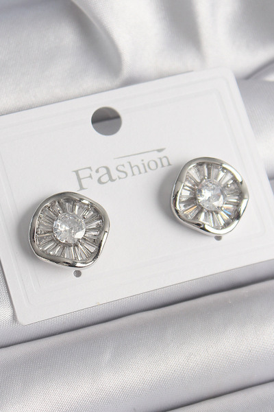 Mega Bazaar Brass Silver Color Zircon Stone Clover Model Women's Earrings